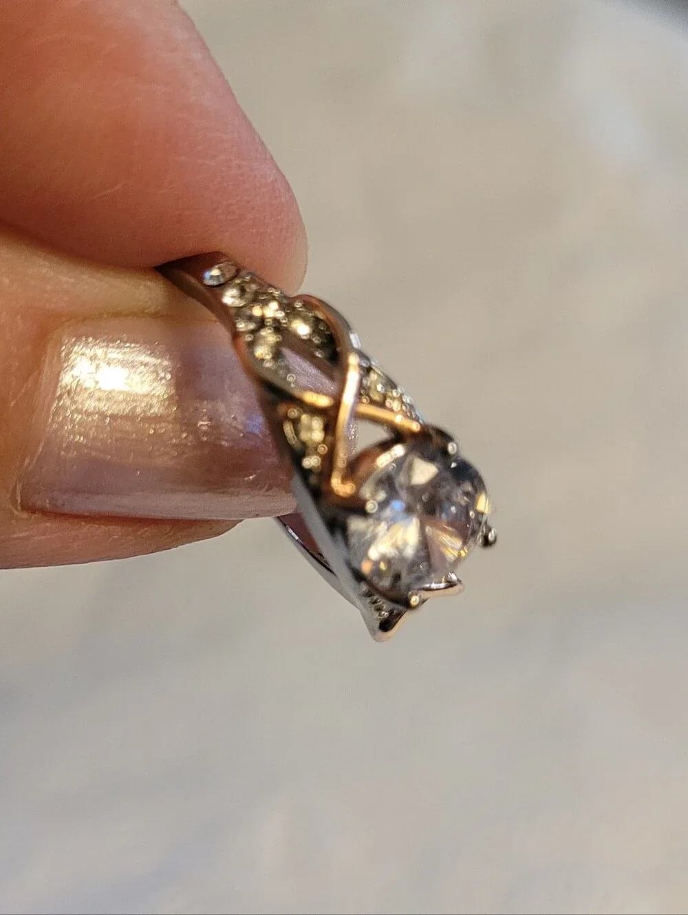 Silver/Gold Tone CZ Cocktail Ring with Crystals - Size 6